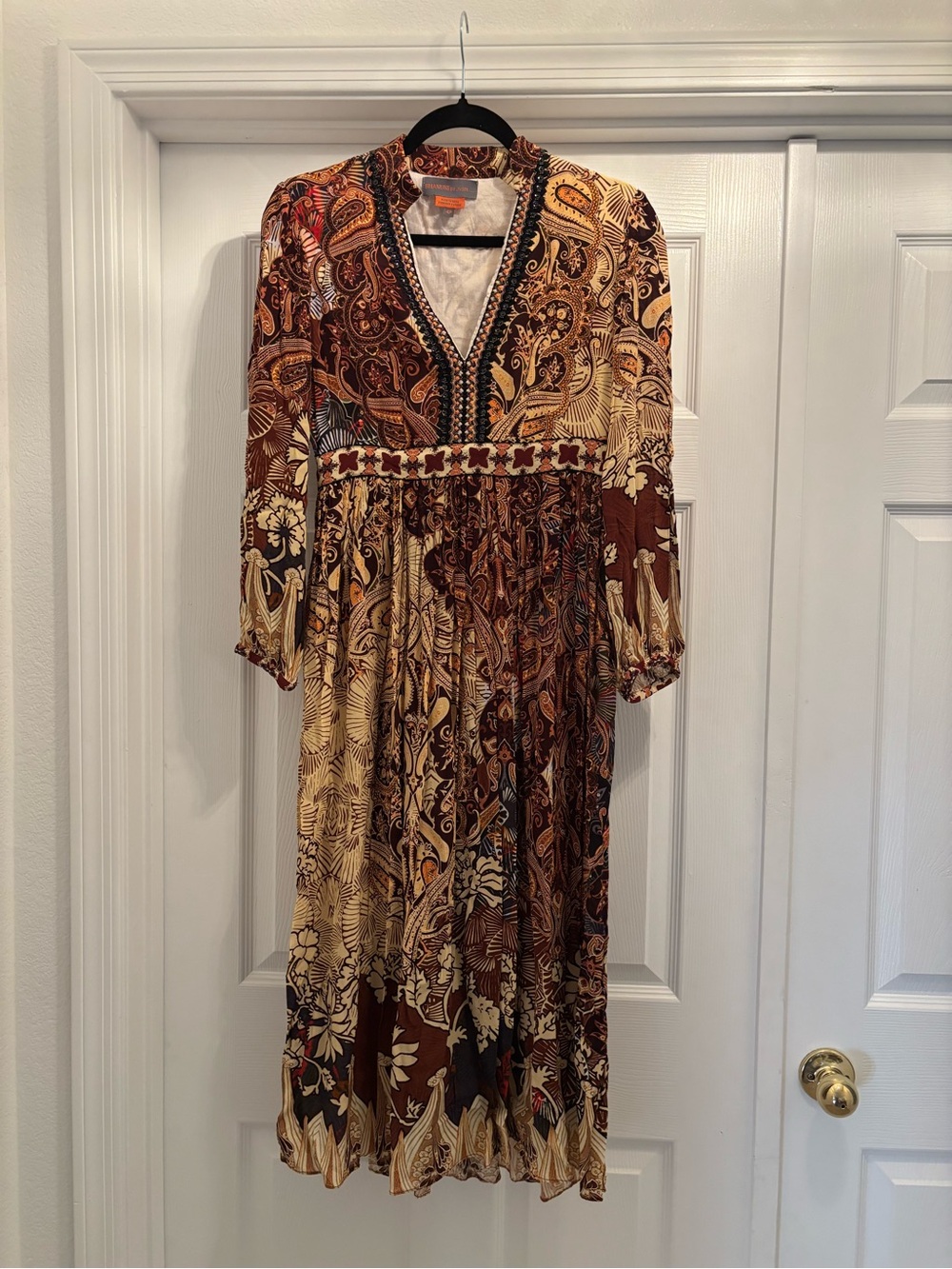 Bohemian Paisley V-Neck Midi Dress in Brown and Cream